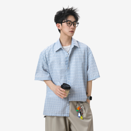 Color Block Check Boxy Short Sleeve Shirt [DLN024]