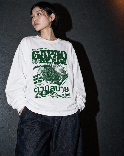 Gapao Rice BOX LS Tee ホワイト フロント大判プリントの着用