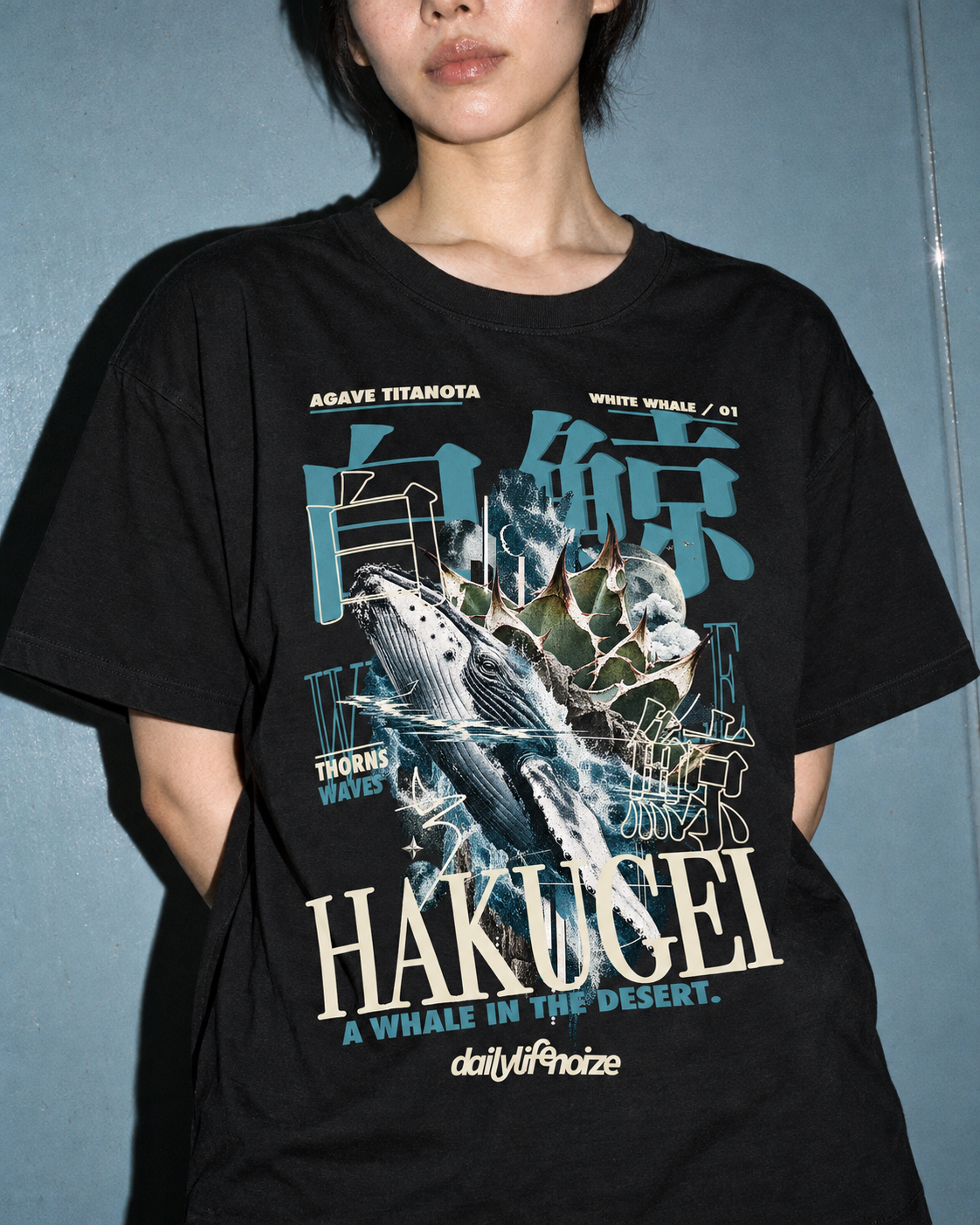 白鯨 “HAKUGEI” Tee ブラック フロント着用 接写