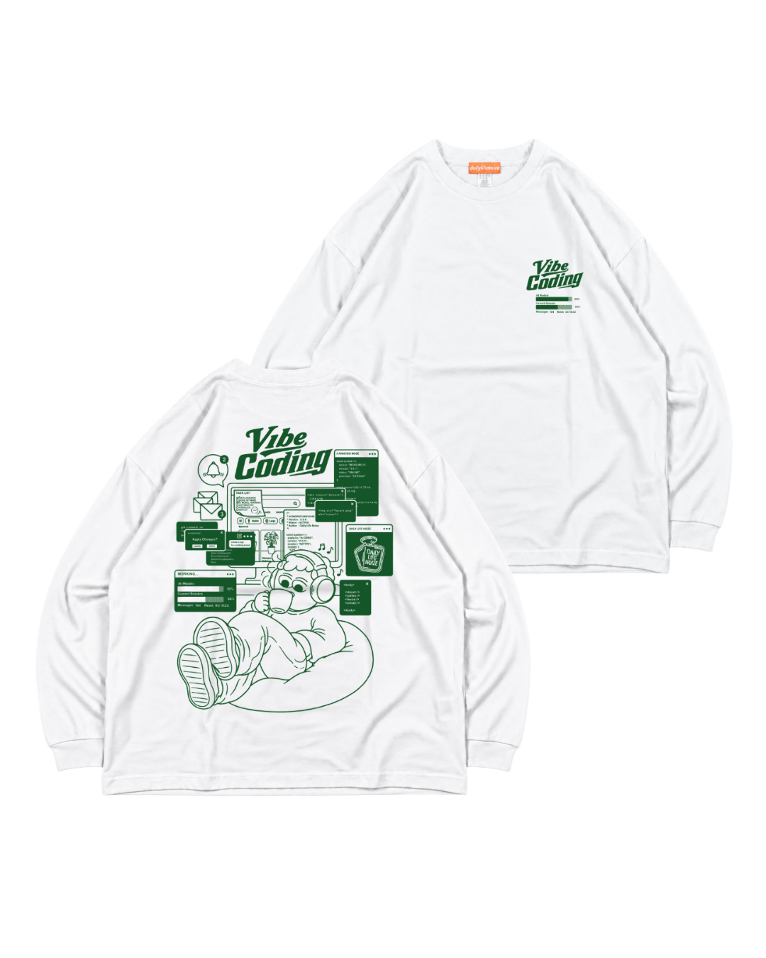 Vibe Coding BOX LS Tee ホワイト・グリーン 新ボディ 前後ペア